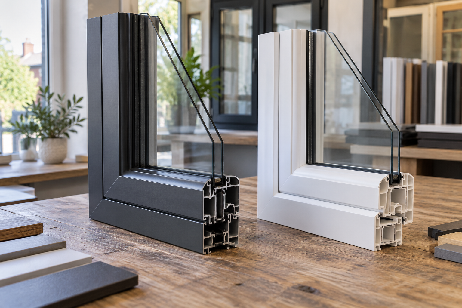 Aluminium and uPVC window frame samples side by side