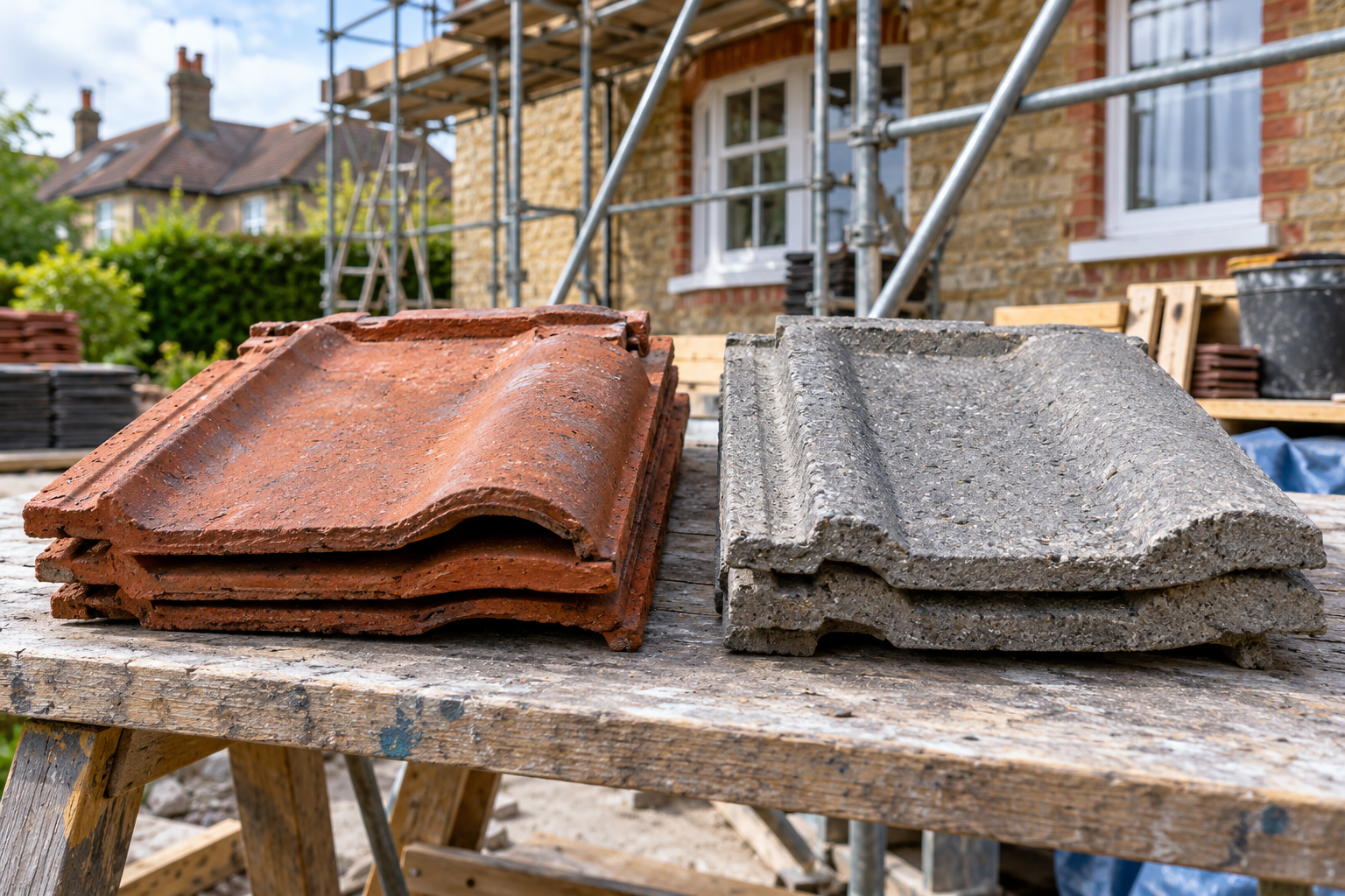 Clay and concrete roof tile samples laid out for comparison