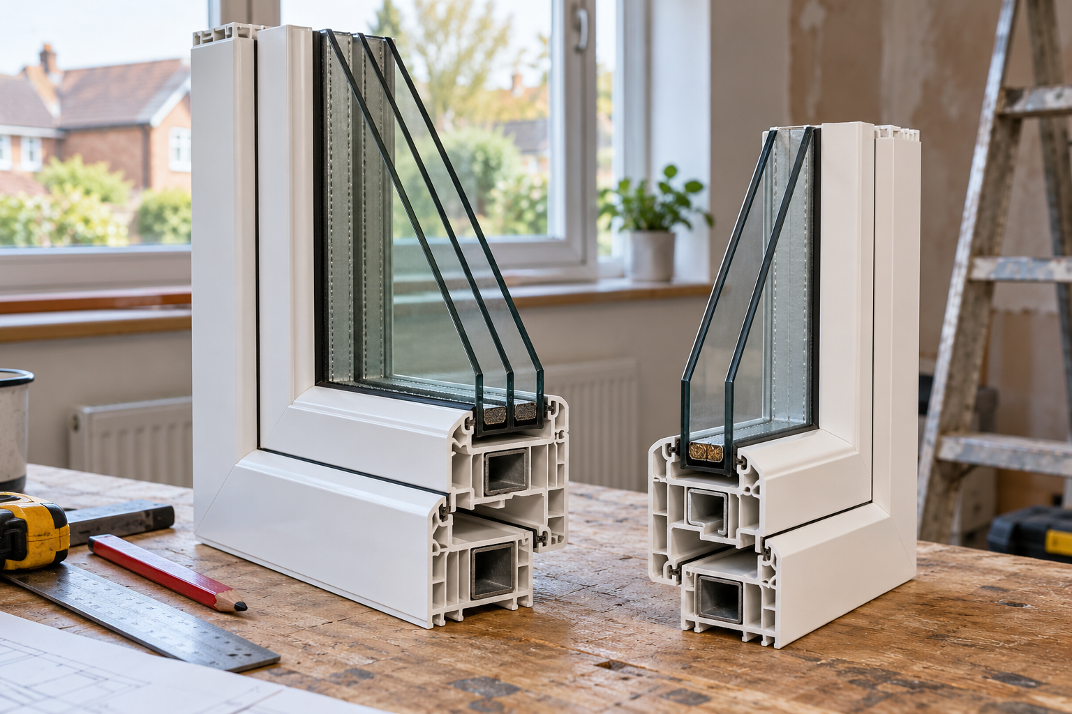 Double glazed window frame and glazing samples on a workbench