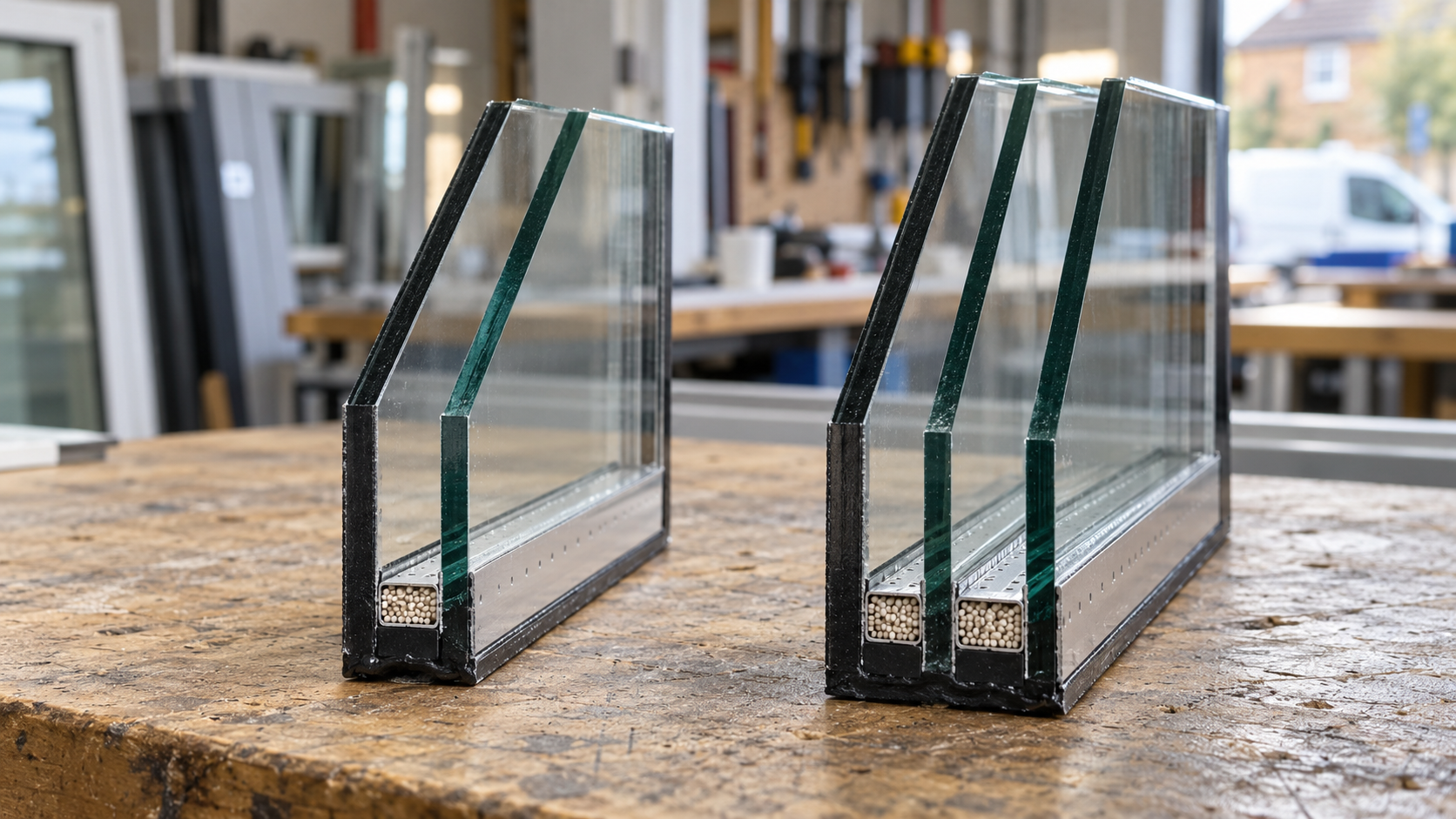 Double and triple glazing cross sections on a workbench