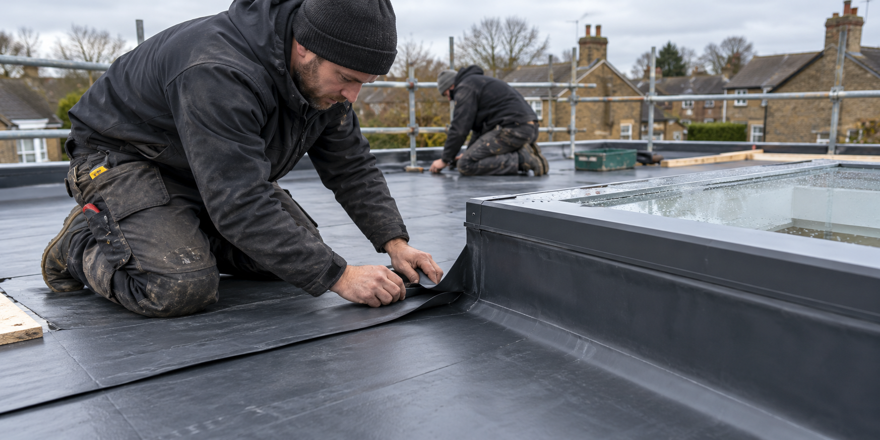 Installer working on a flat roof covering on a UK property