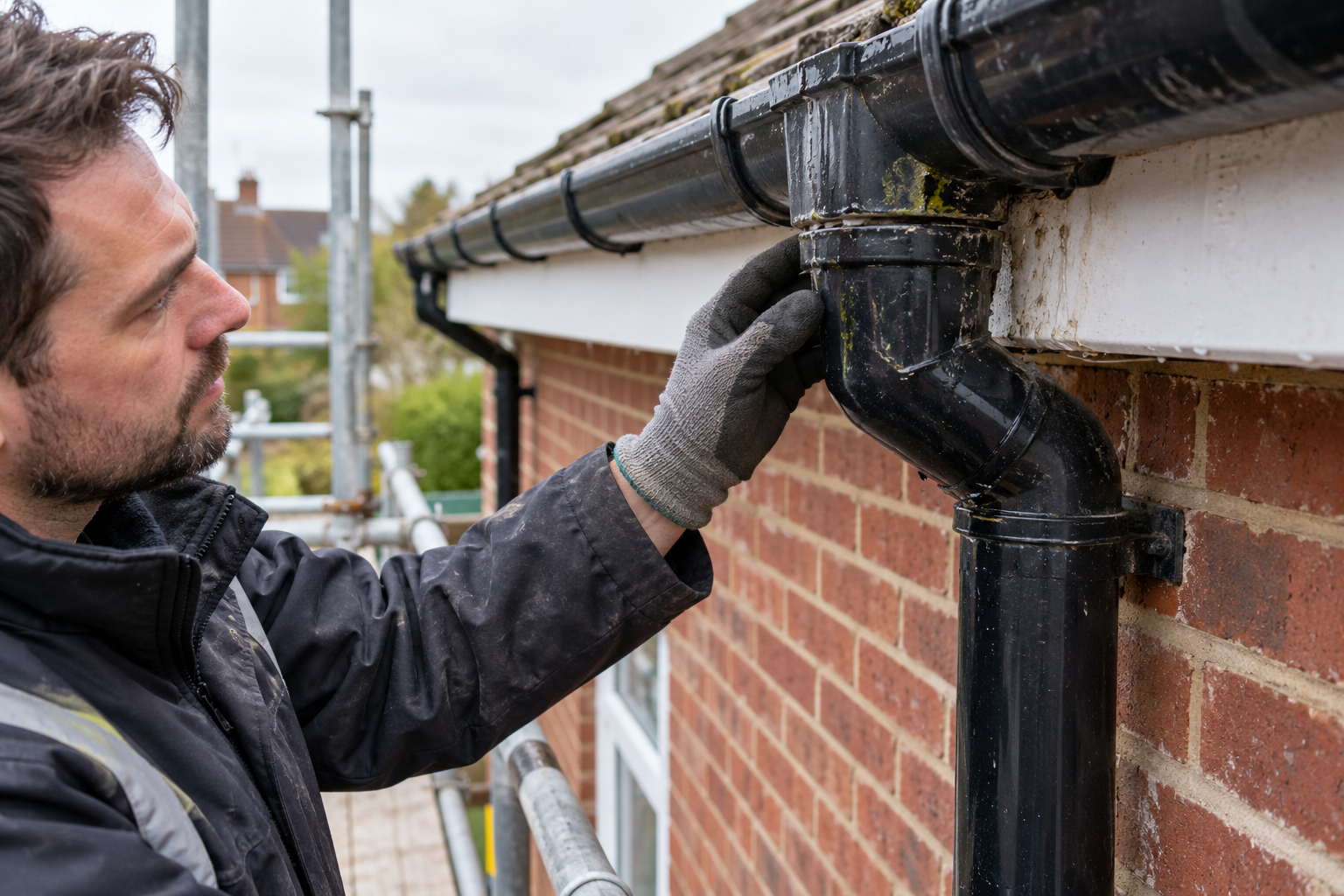 Installer inspecting gutter and downpipe connection on a brick house