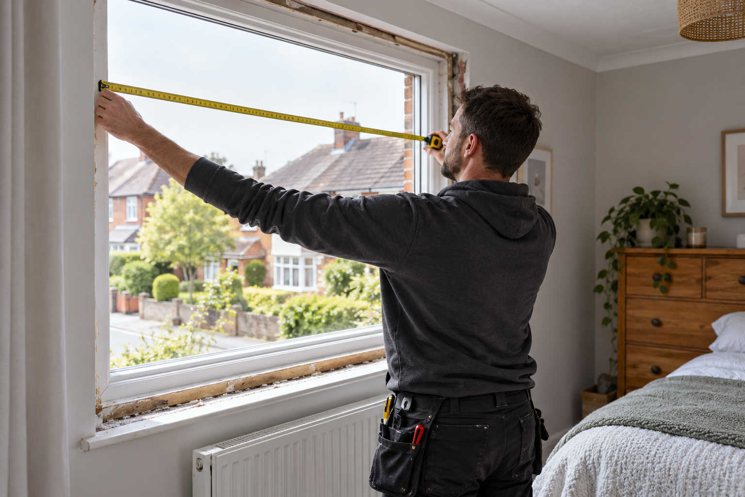 Window installer measuring an existing window opening