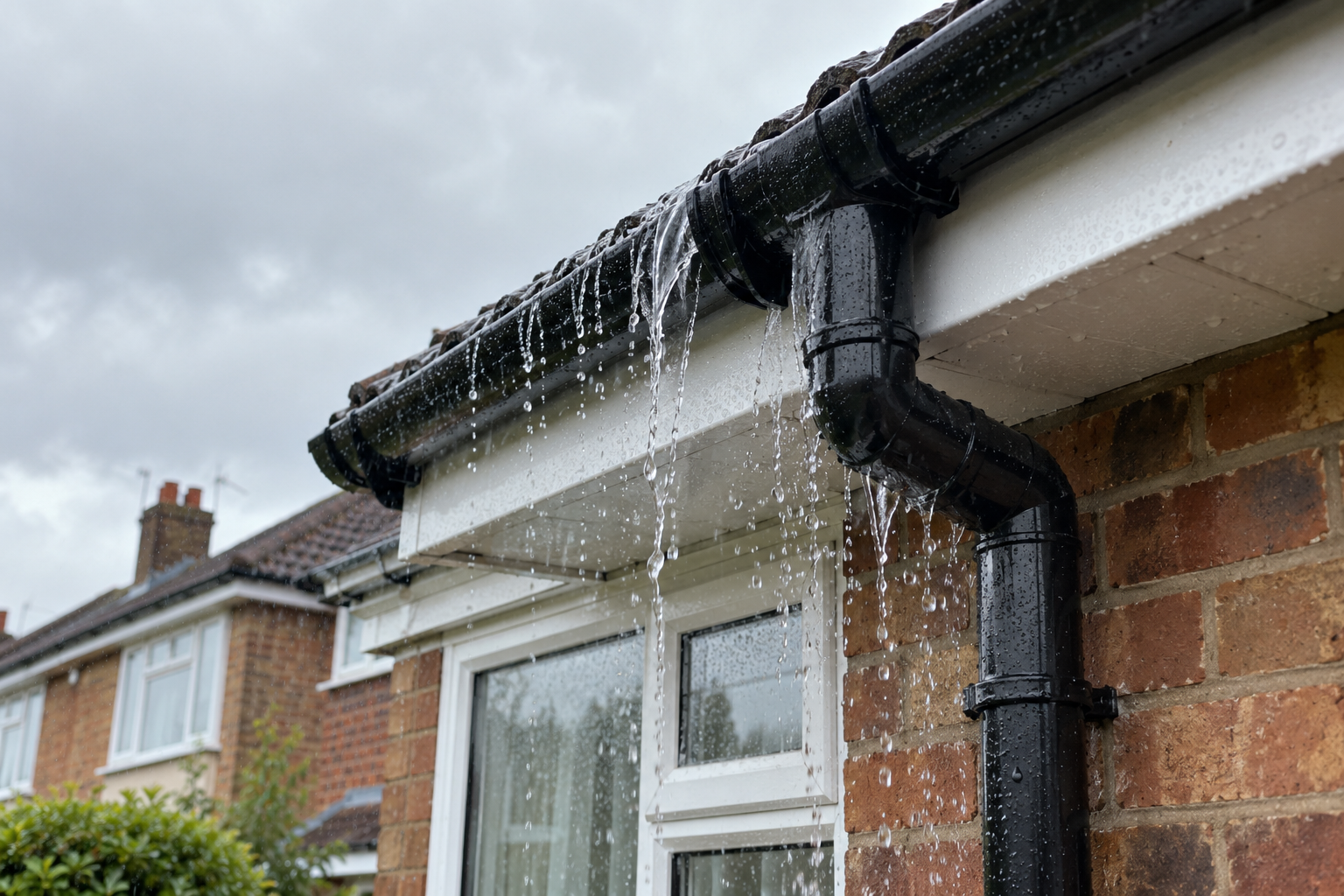 Rainwater overflowing from a gutter on a UK home