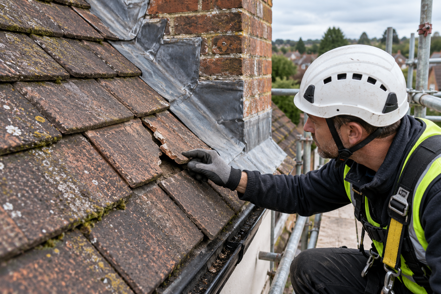 Roofer inspecting damaged roof tiles beside a chimney