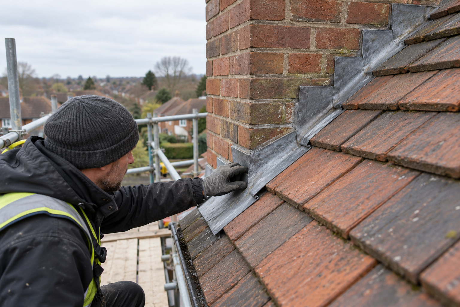 Roofer inspecting chimney flashing beside tiled roof on a UK home