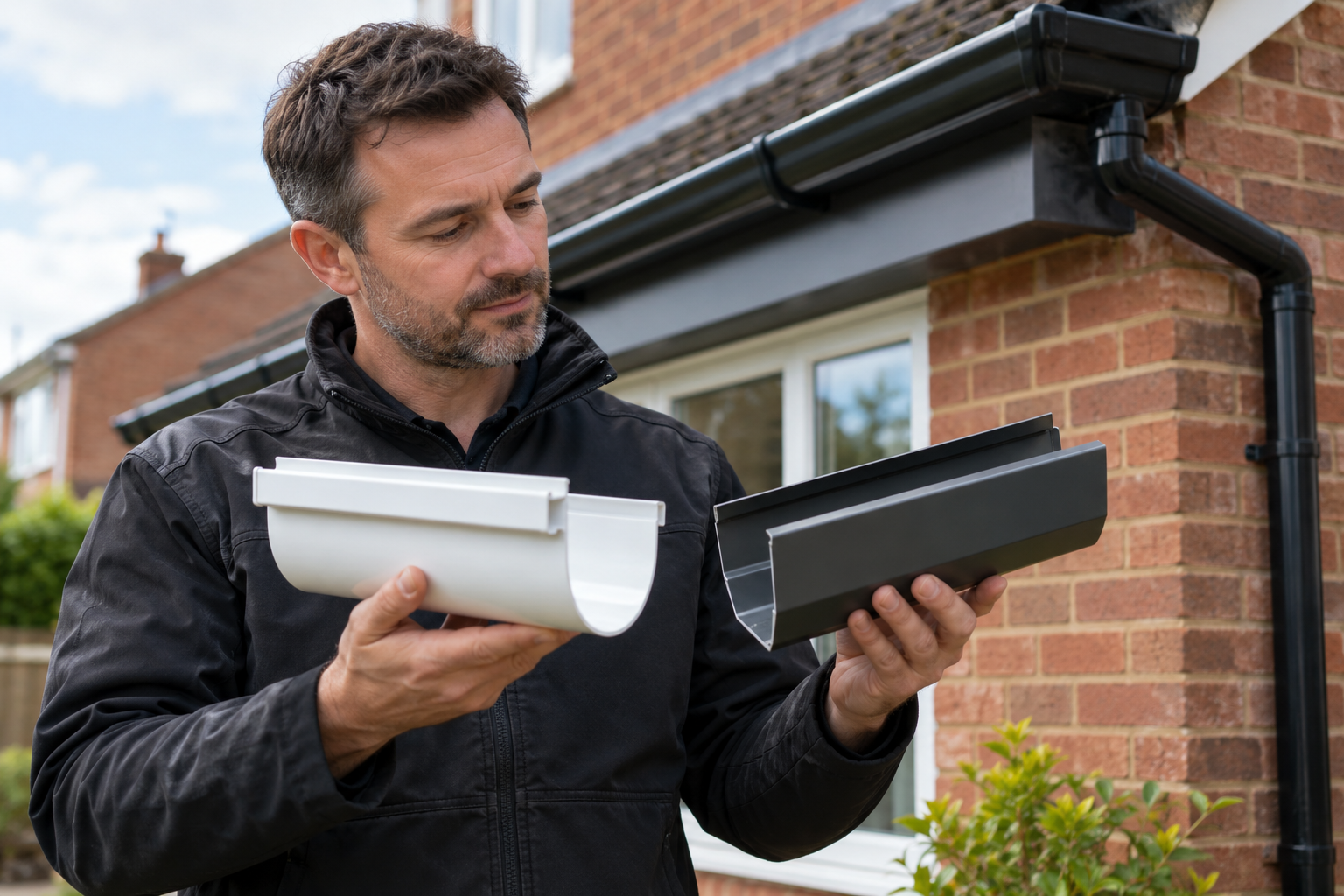 uPVC and aluminium guttering sections being compared