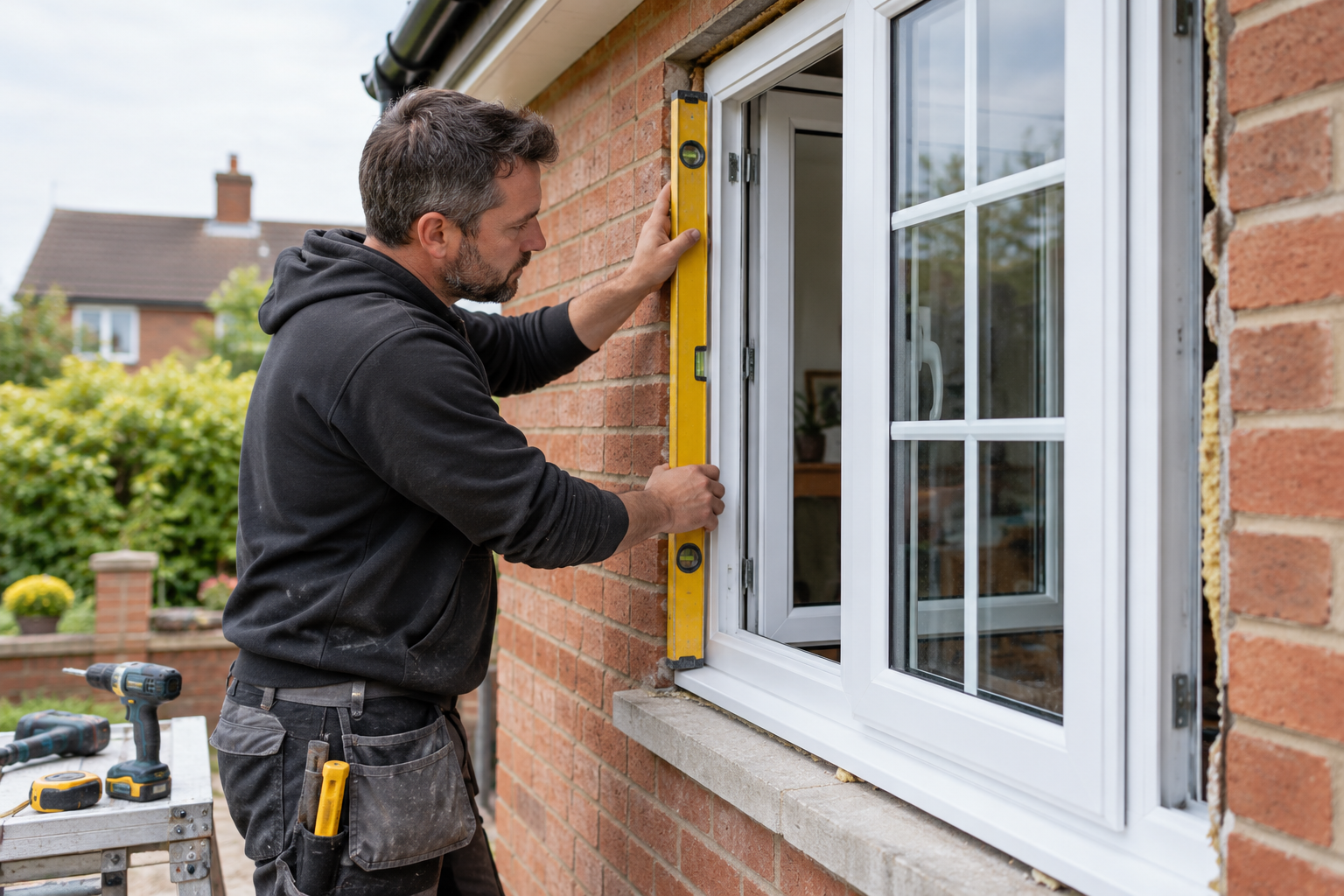 Installer fitting a white uPVC replacement window